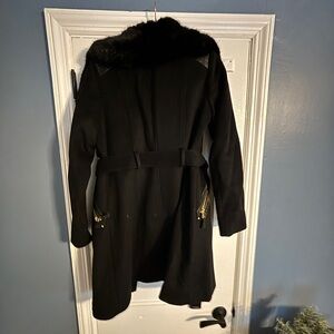 Via Spiga Black Trench Coat with Fur Collar
